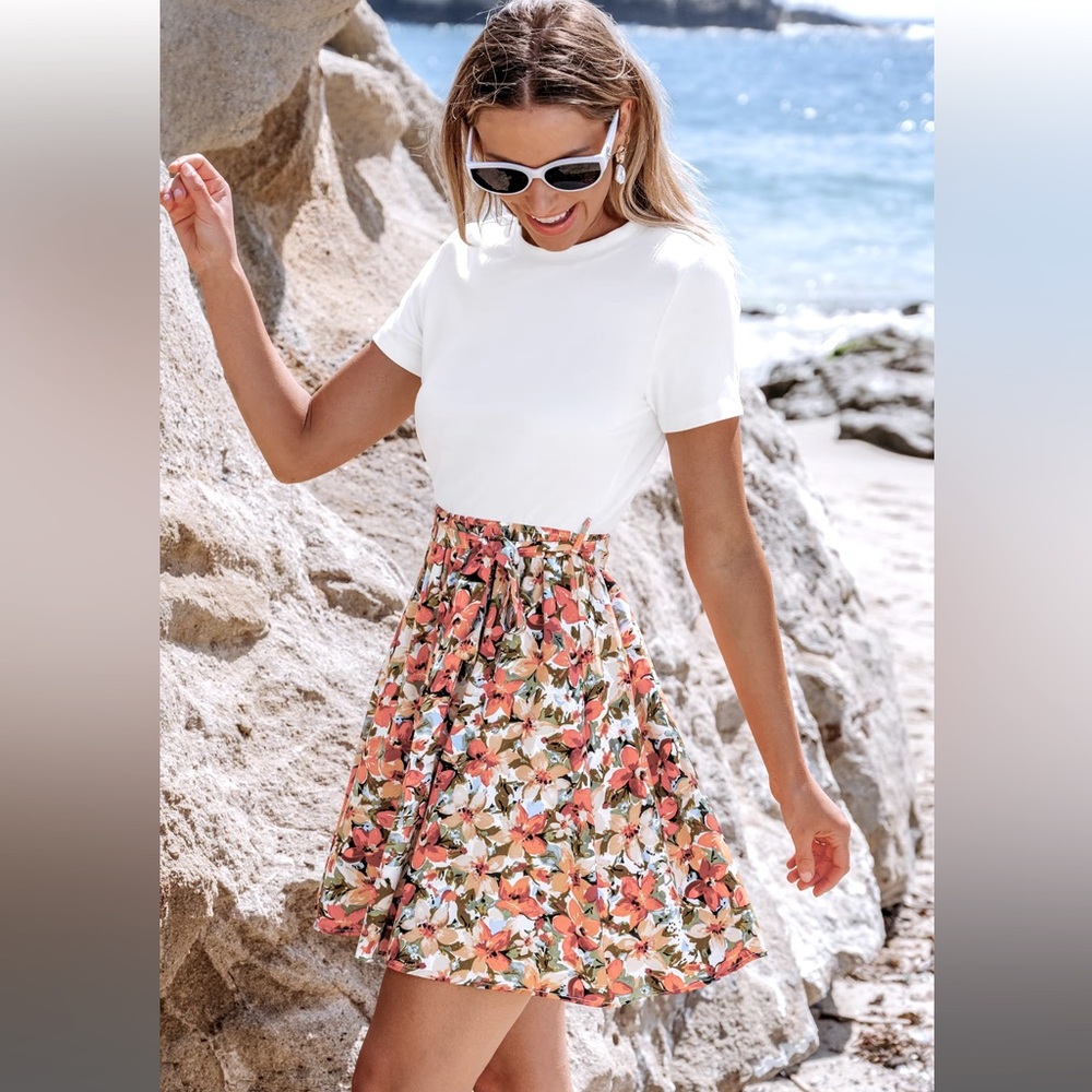 White Tee Floral Skirt Mini Dress